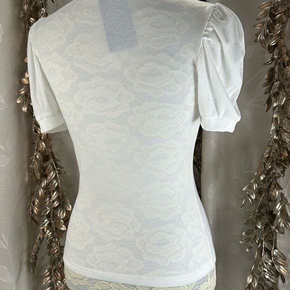 Floerns White Puff Sleeve Mock Neck Ribbed Top - Medium Layering Essential Basic - Picture 4 of 13